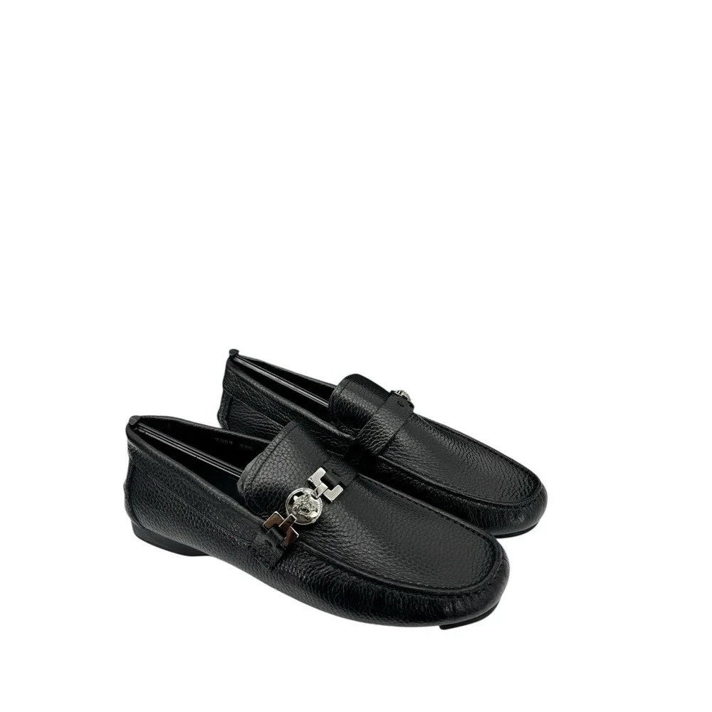 Versace Medusa Head Black Pebbled Leather Loafers 7087 39.5‎ Made in Italy Mens